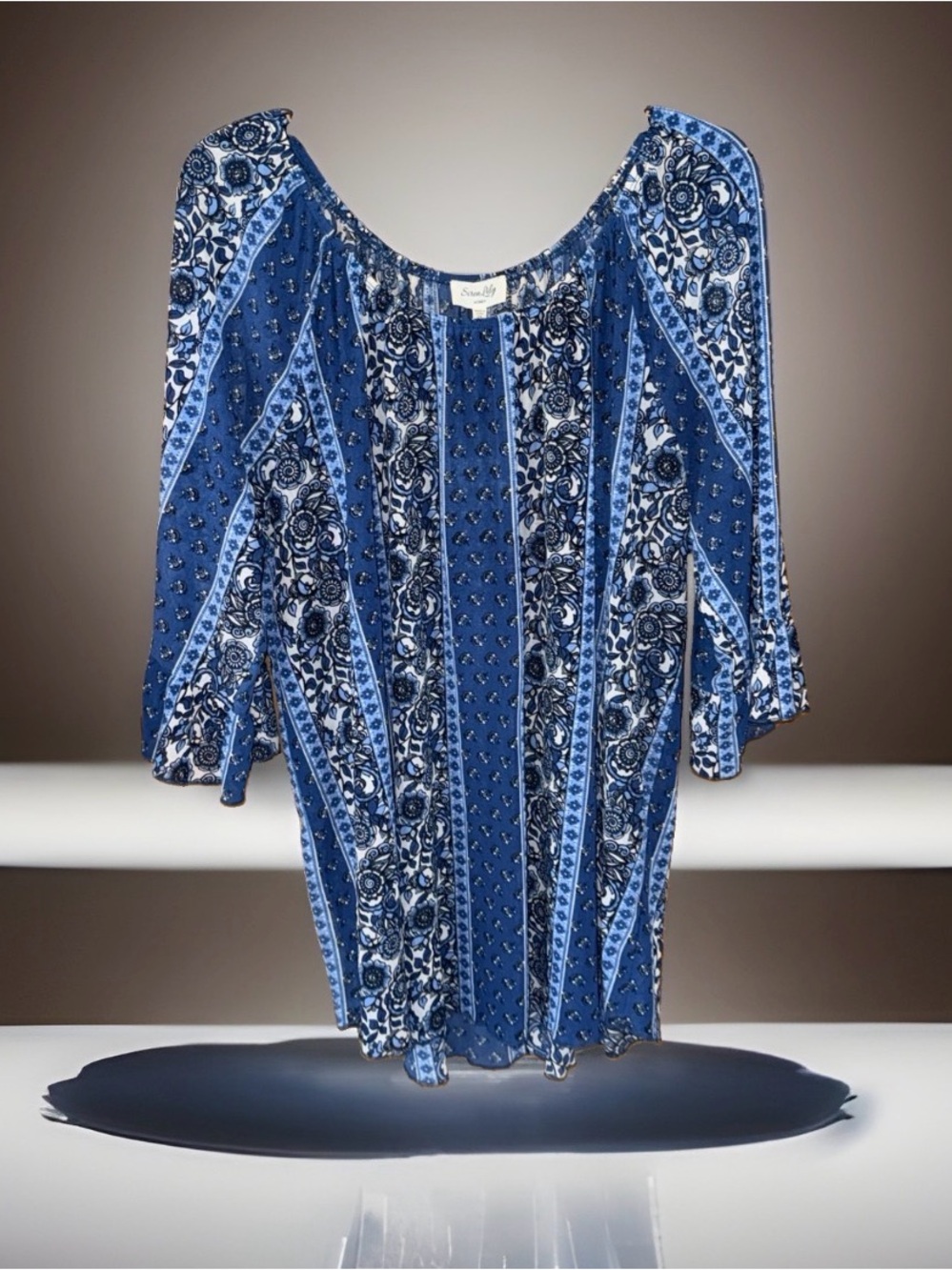 Siren Lily Women’s Blue Floral Stripe Sheer Tunic-2X-EC